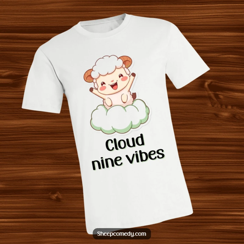 Funny Sheep T-Shirt: A happy sheep character energetically bouncing on a plush, green cloud, showcasing delightful freedom.