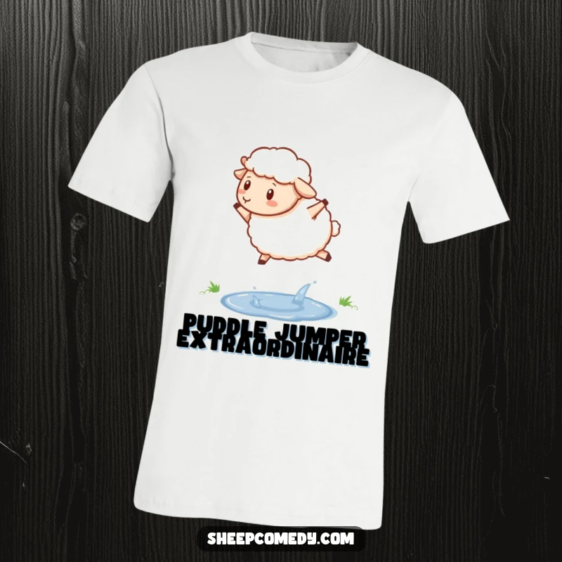 Funny sheep t-shirt showing a determined sheep mid-hop over a sparkling puddle, symbolizing overcoming challenges.