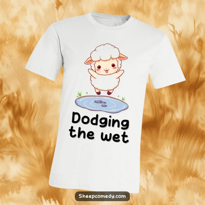 Funny T-shirt showing a fluffy sheep with soft wool, gleefully jumping over a small puddle.