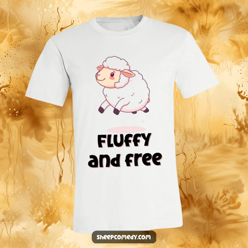 Funny kawaii sheep t-shirt design, showing a fluffy sheep leaping energetically with a happy expression, perfect for casual wear.