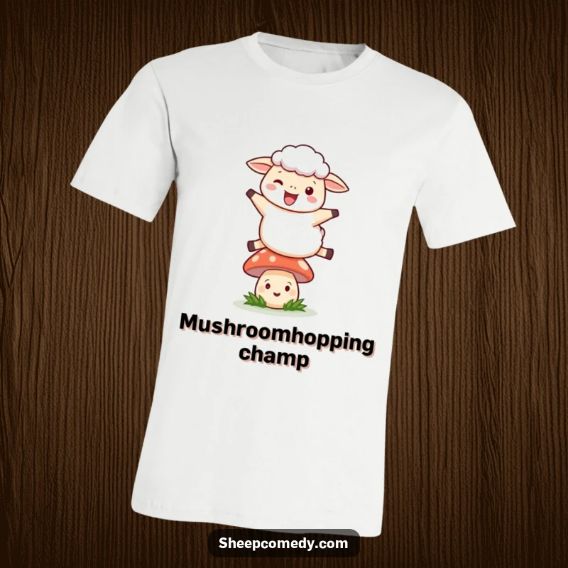 Funny Leaping Sheep T-Shirt: A sheep joyfully leaping over a small, smiling mushroom, humorous and adventurous apparel.