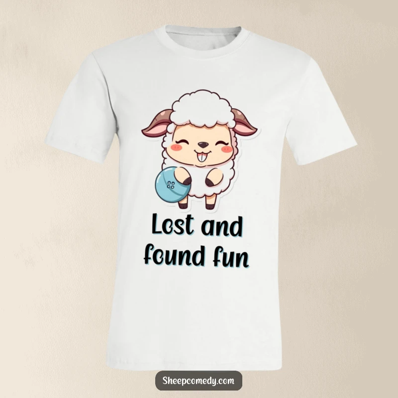 Funny sheep t-shirt showing a mischievous sheep with a grin, playfully nudging a lost button, emphasizing humor.