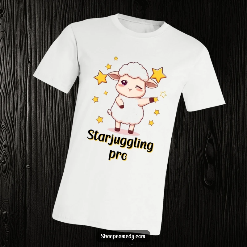 Funny t-shirt with a winking sheep artistically juggling oversized, radiant stars, celebrating playful ambition.