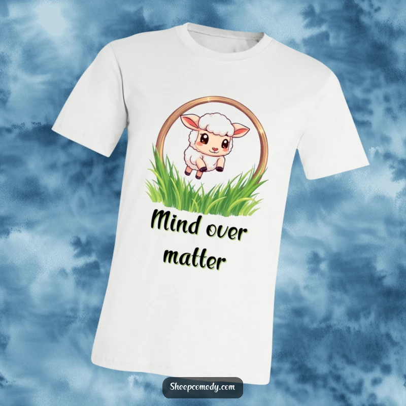 Funny Sheep T-Shirt: A determined sheep character mid-air, leaping with gusto through a shimmering grass hoop, showcasing pure athletic humor.