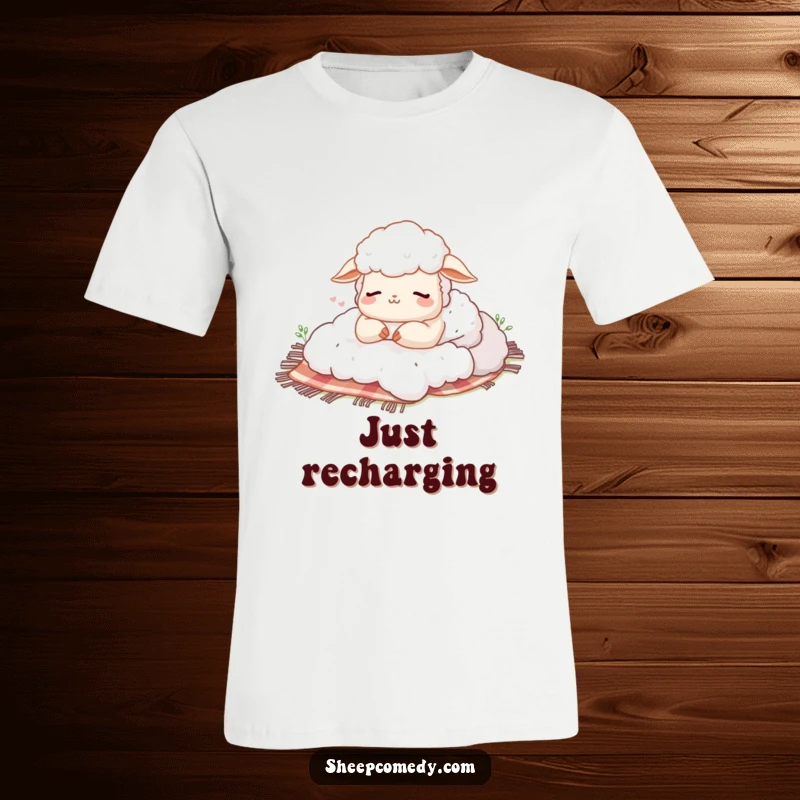 Funny t-shirt graphic of a sheep with a happy sigh, napping peacefully on a fluffy picnic blanket, conveying ultimate relaxation.