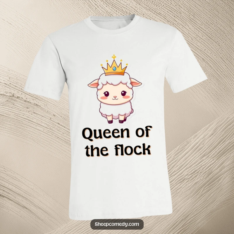 Funny Sheep t-shirt featuring a sheep looking majestic while balancing a small, sparkly crown on its head.