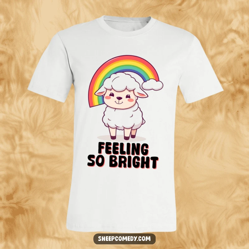 Funny t-shirt graphic of a sheep with a silly grin, humorously attempting to balance a rainbow on its back, a whimsical design.