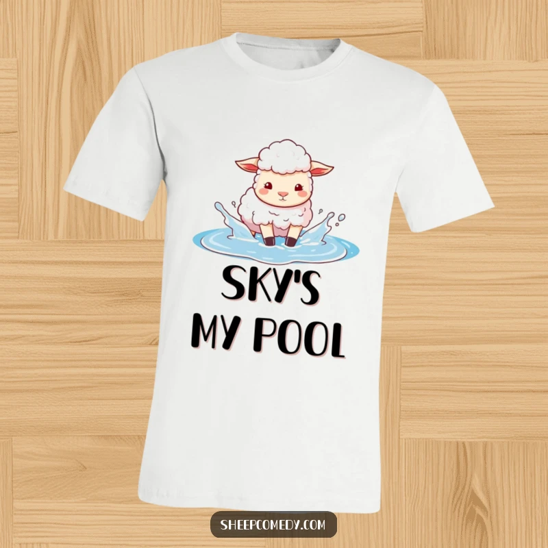 Funny t-shirt graphic of a sheep playfully splashing in a puddle that looks like bright blue sky, depicting whimsical fun.