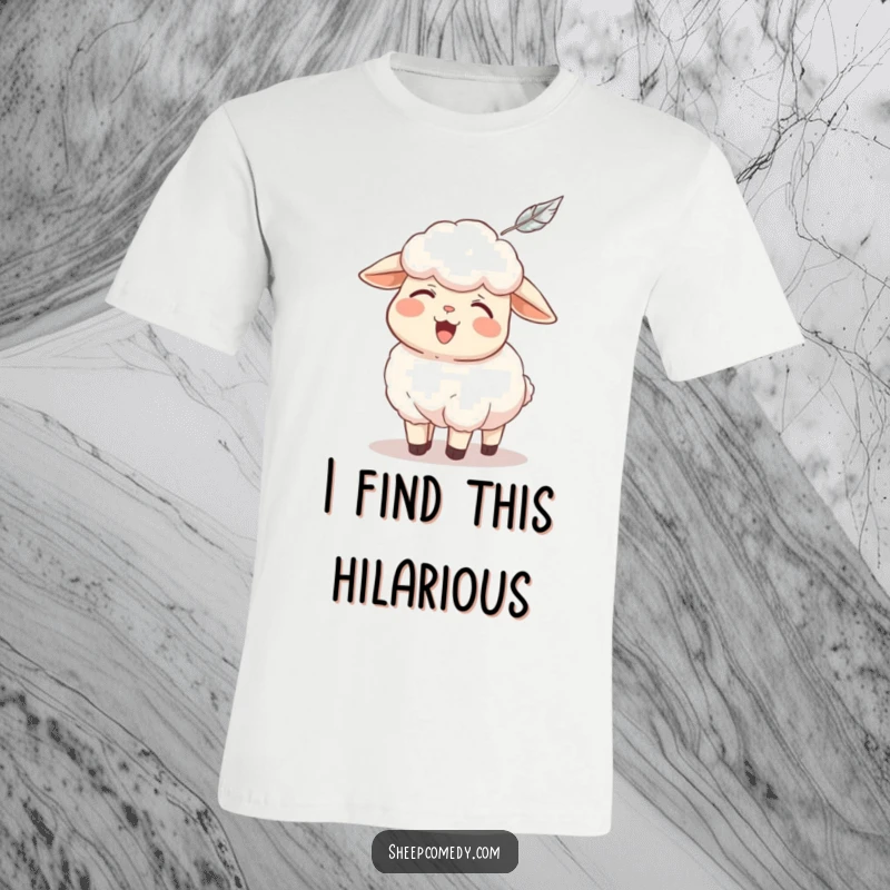 Funny sheep t-shirt, a sheep character is overcome with laughter while being tickled by a delicate feather, humorous gift.