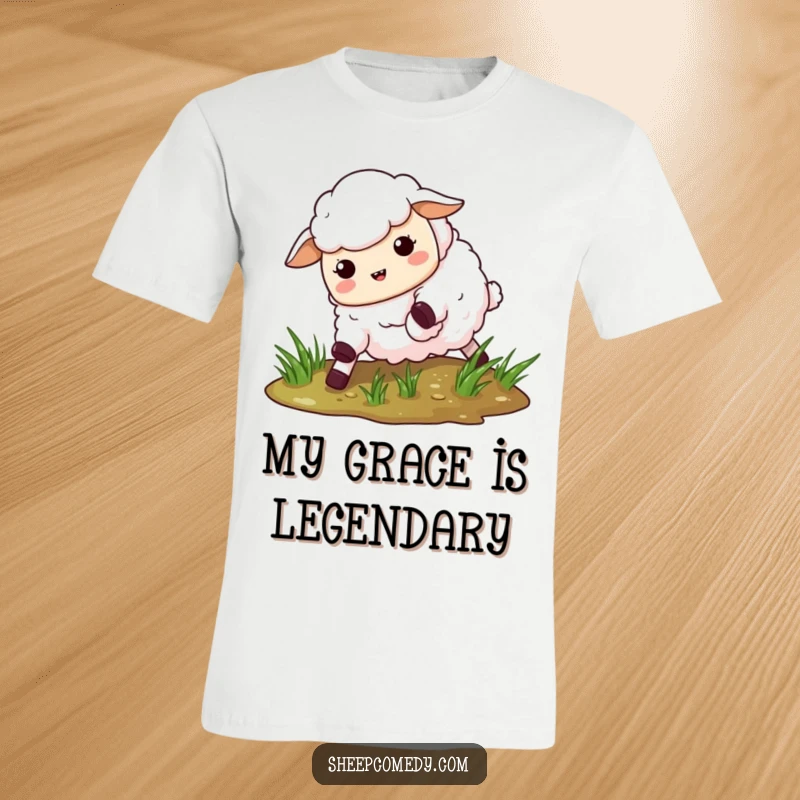 Funny Slipping Sheep T-Shirt: A sheep hilariously losing its footing on wet grass, perfect for funny apparel.