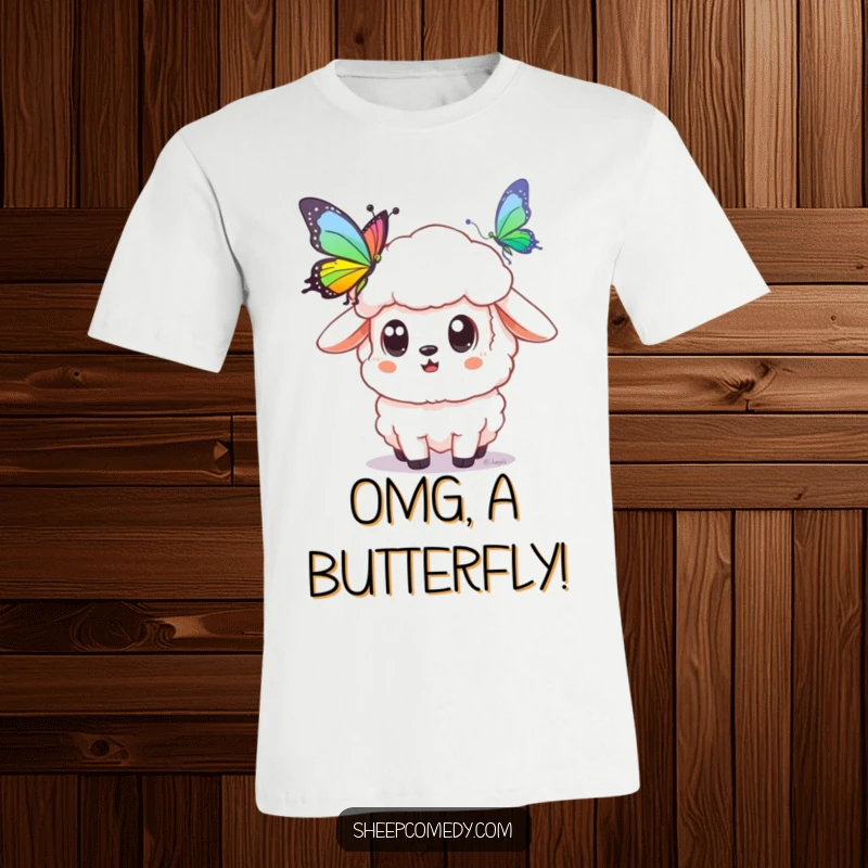Funny sheep t-shirt showing a sheep with comically wide eyes, staring in awe at a colorful rainbow butterfly, radiating surprise.