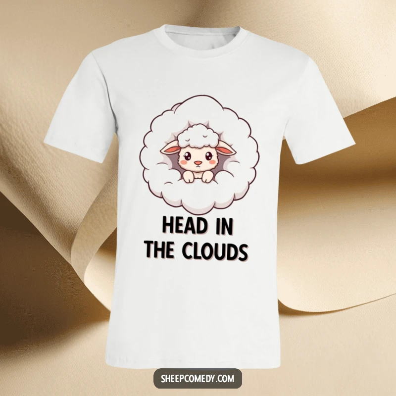 Funny Cloud Sheep T-Shirt: A sheep peeking curiously from inside a giant, fluffy cloud, humorous and whimsical apparel.