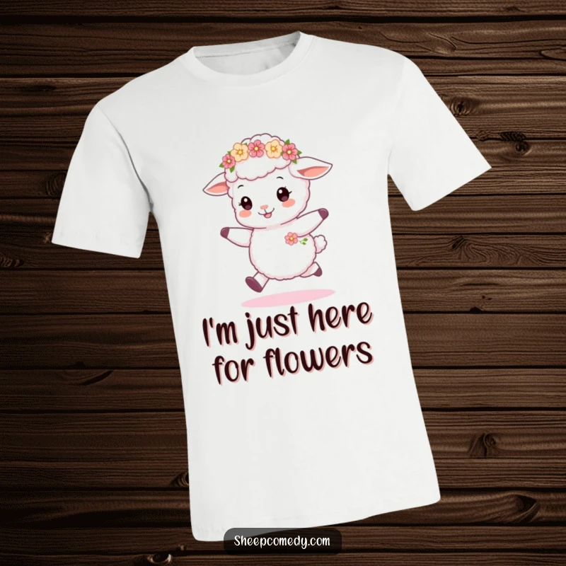 Funny sheep cub t-shirt design, skipping joyfully with a small flower wreath around its neck, cute and cheerful.