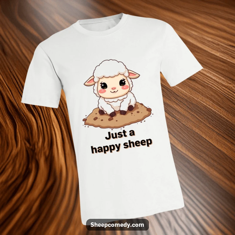 Funny sheep t-shirt featuring a sheep with a pleased expression enthusiastically rolling in soft dirt, conveying joyful abandon and agricultural comedy.