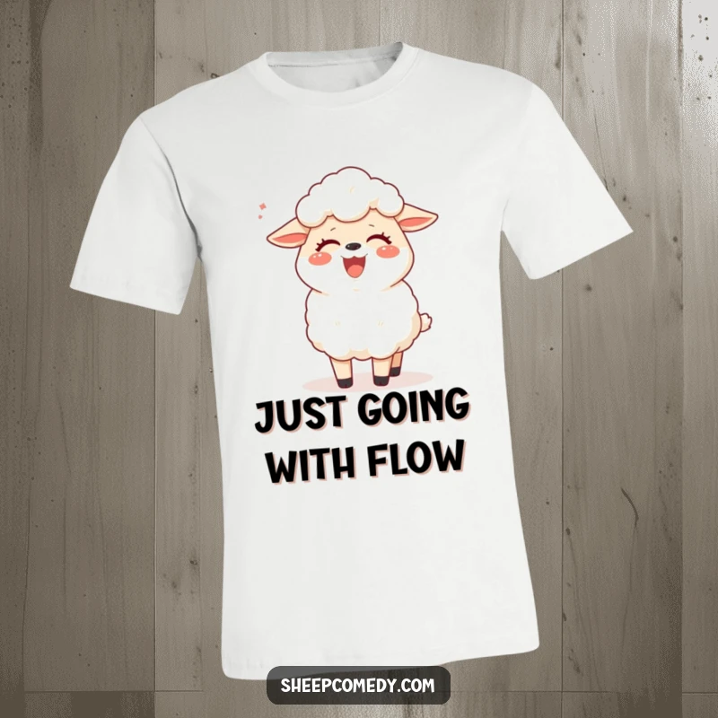 Funny sheep t-shirt featuring a sheep joyfully giggling while being tickled by a passing breeze, perfect for a lighthearted look.