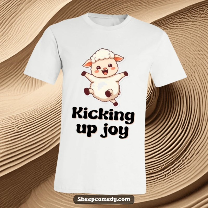 Funny sheep t-shirt showing a joyful sheep bleating and kicking its legs in the air, embodying pure happiness.