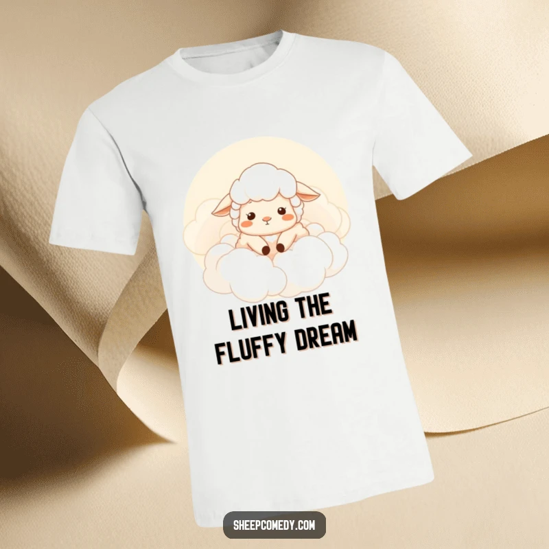 Funny sheep t-shirt, sheep sighing contentedly in soft clouds, promoting relaxation and humor, a great funny gift.