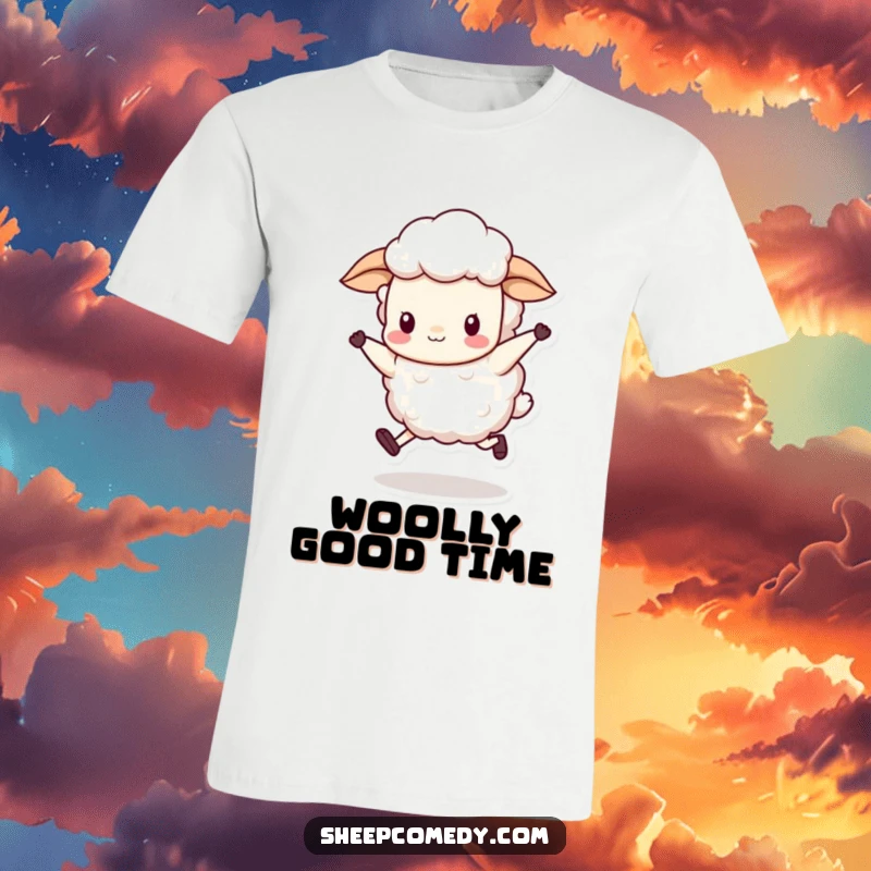 Funny sheep character in a silly skip, wool bobbing rhythmically, printed on a comfortable and fun t-shirt.