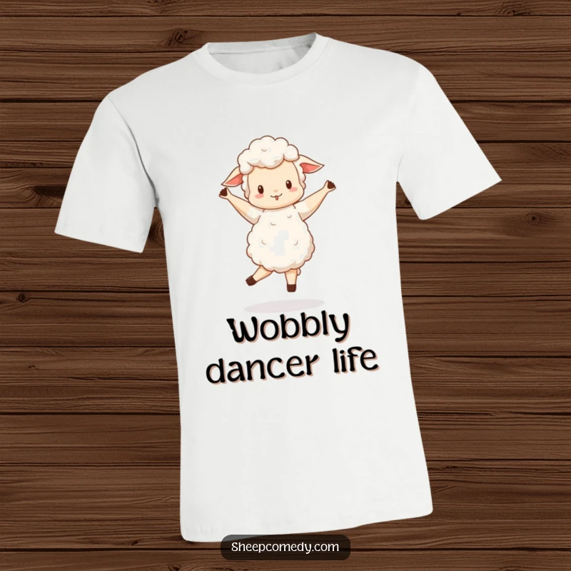 Funny Sheep t-shirt featuring a sheep performing a wobbly, happy pirouette, a humorous present for dancers.