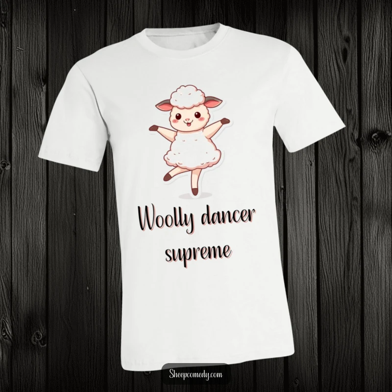 Funny Sheep t-shirt featuring a sheep gracefully twirling like a ballerina, showcasing its woolly charm.