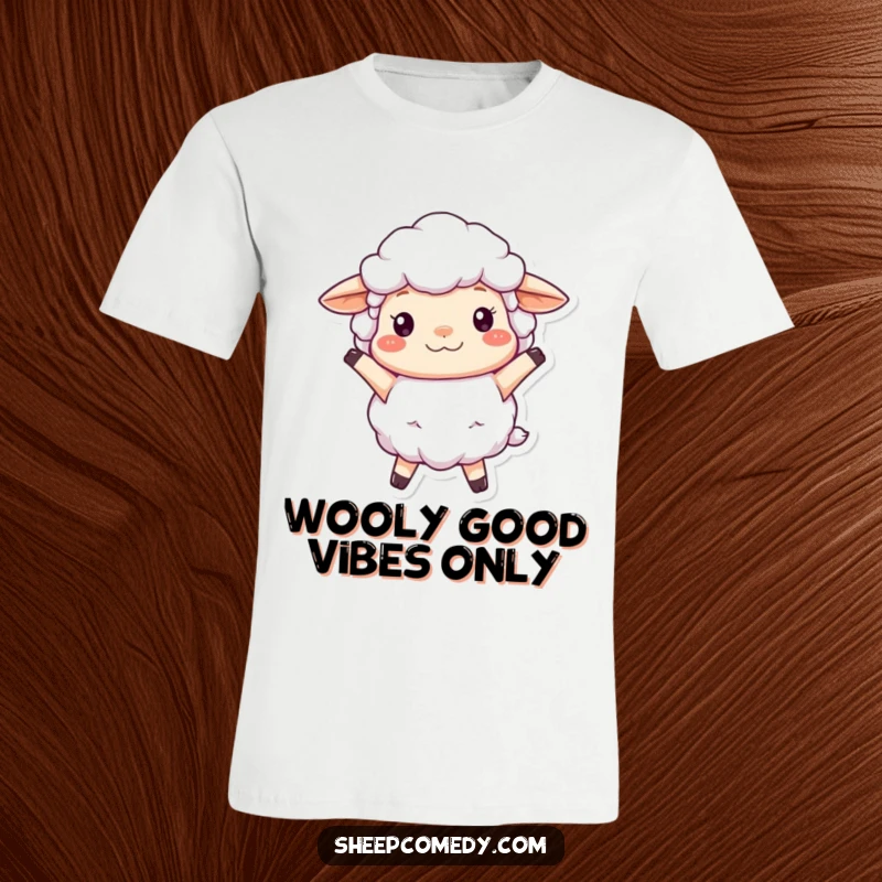 Funny Sheep T-Shirt depicting a fluffy, woolly sheep character bouncing joyfully, embodying pure happiness and lighthearted fun.