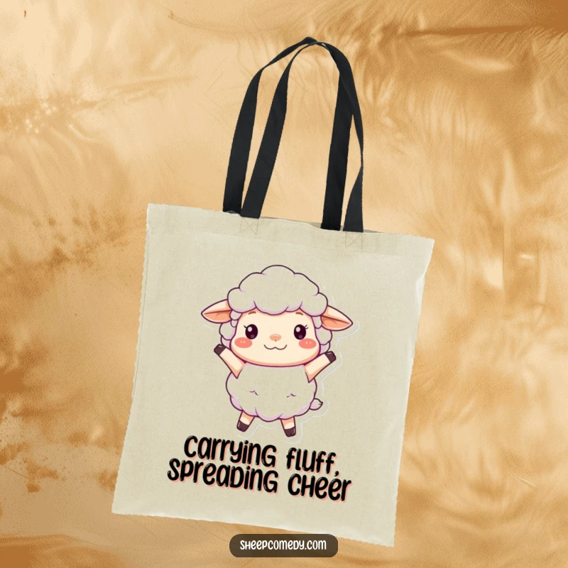 Funny Sheep Tote Bag showcasing a fluffy, woolly sheep character bouncing joyfully, ideal for carrying items with cheerful energy.