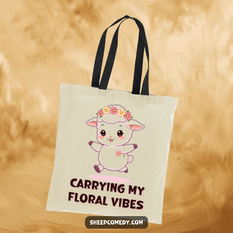 Funny sheep cub skipping tote bag, adorned with a tiny flower wreath, showcasing a happy and energetic animal for shopping.