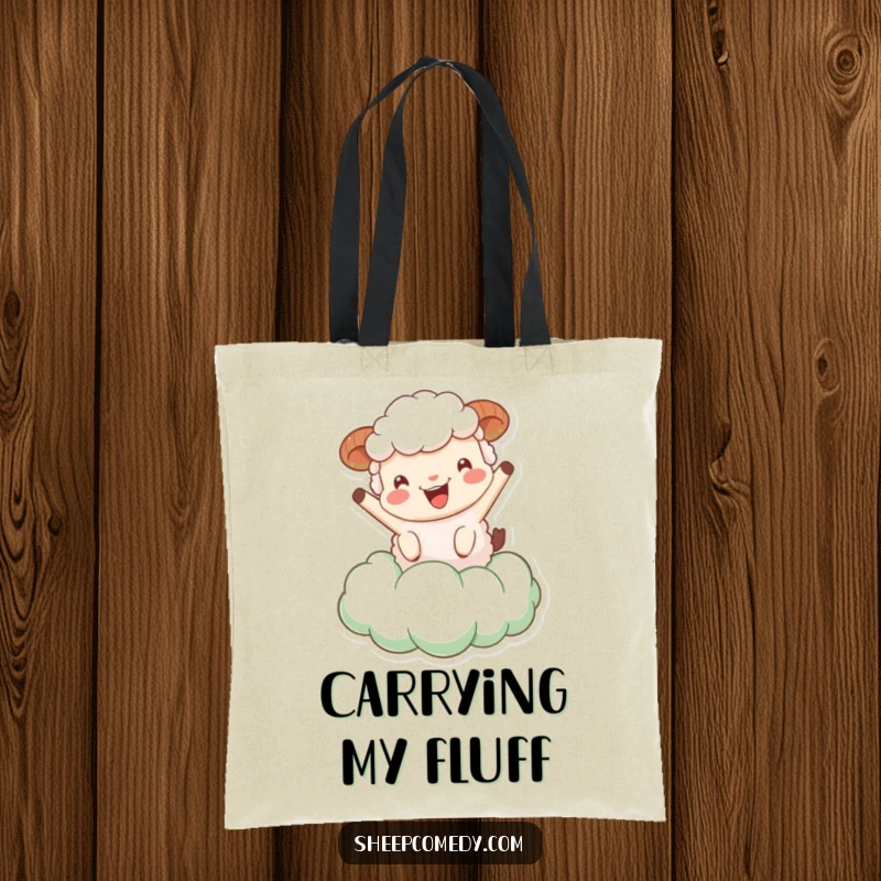 Funny Sheep Tote Bag: A sheep character joyfully bouncing on a fluffy green cloud, perfect for carrying everyday items whimsically.