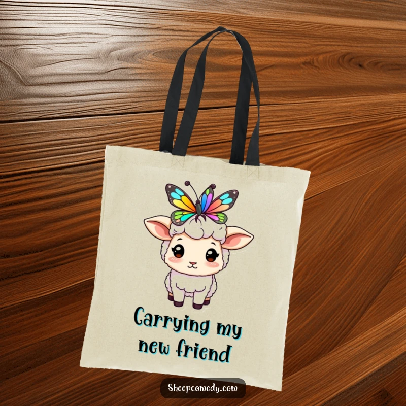 Funny sheep tote bag featuring a character balancing a colorful butterfly on its head, a charming and humorous accessory.