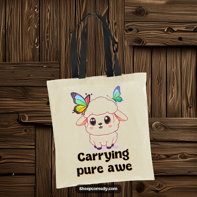Funny sheep tote bag depicting a sheep with wide, amazed eyes gazing at a vibrant rainbow butterfly, perfect for carrying essentials.