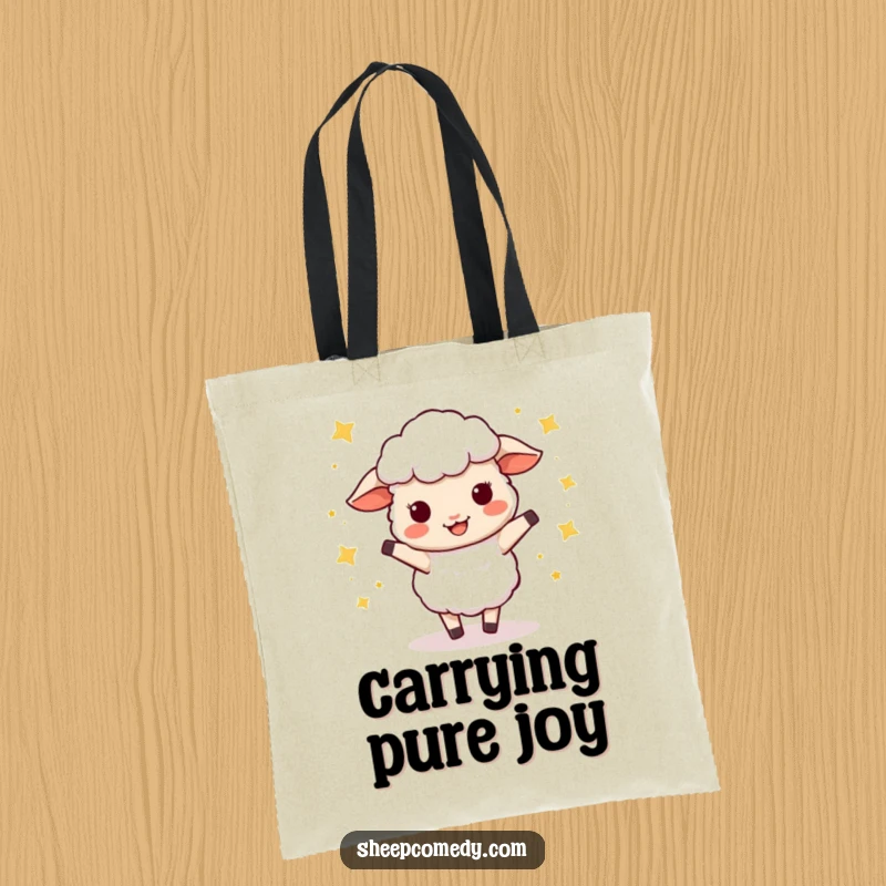Funny Sheep Tote Bag: A cheerful sheep character doing a happy wiggle dance, surrounded by tiny stars, for carrying joy.