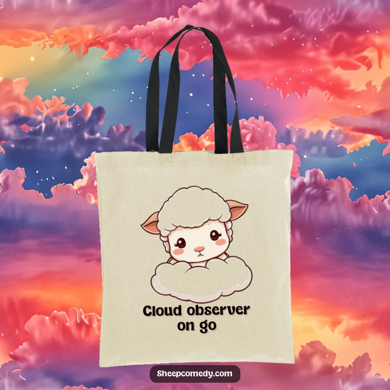 Funny sheep peeking tote bag, showing a mild-eyed sheep behind a soft cloud, ideal for carrying items with gentle style.