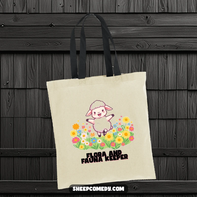 Funny Sheep Tote Bag depicts a joyful sheep spinning amongst flowers, perfect for shopping and errands with a cheerful and humorous vibe.