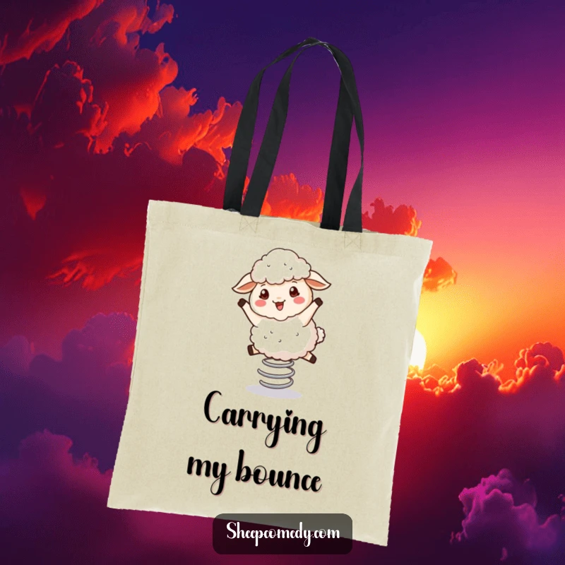 Funny Bouncing Sheep Tote Bag: A fluffy sheep character gleefully bouncing on a spring, a humorous accessory.