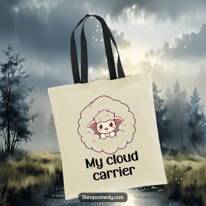 Funny Cloud Sheep Tote Bag: A sheep curiously peeking from a giant fluffy cloud, a humorous and whimsical accessory.