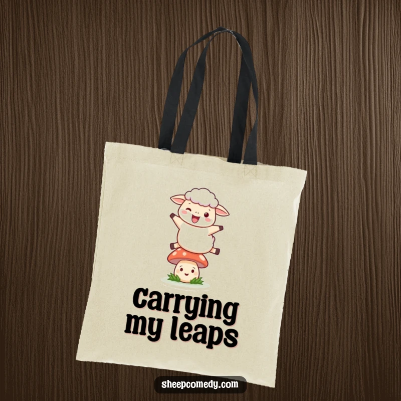 Funny Leaping Sheep Tote Bag: A sheep joyfully leaping over a smiling mushroom, a humorous and whimsical accessory.