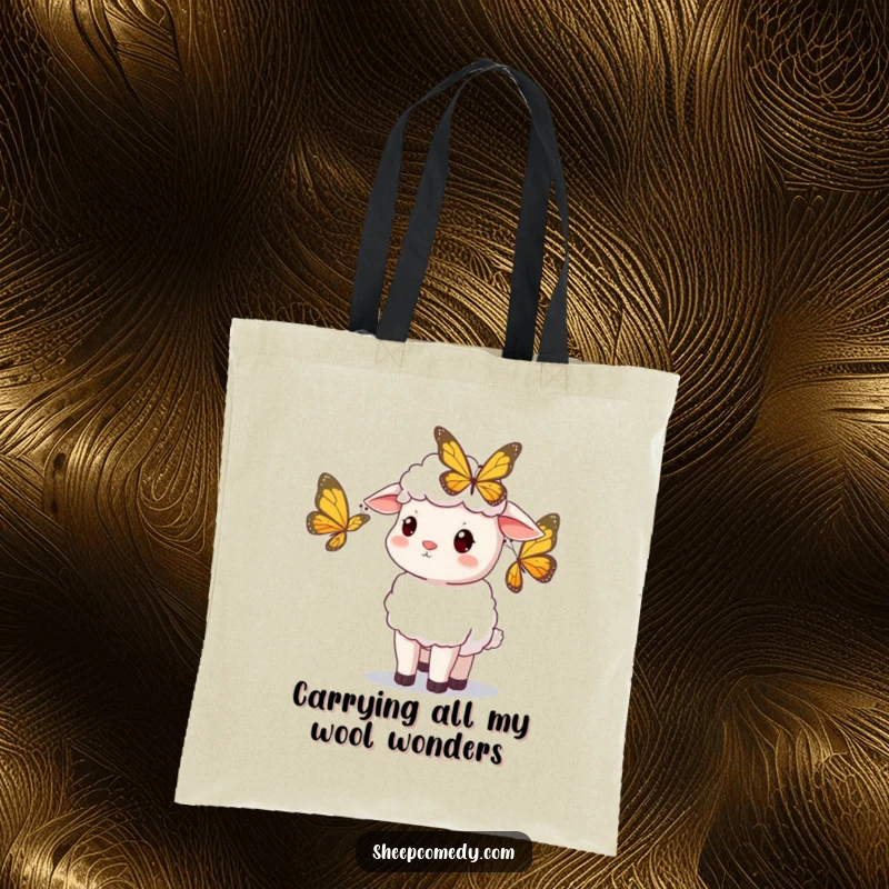 Funny sheep tote bag, curious sheep watching a butterfly flutter by, perfect for carrying essentials with humor.