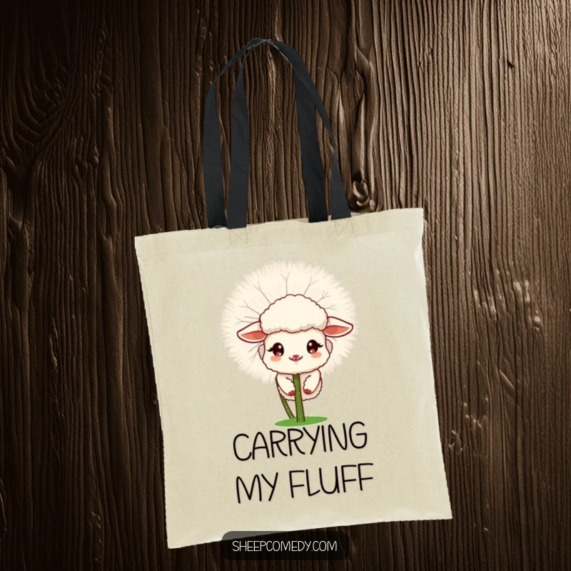 Funny Sheep tote bag depicting a sheep peeking from a fluffy dandelion, a charming and humorous accessory.