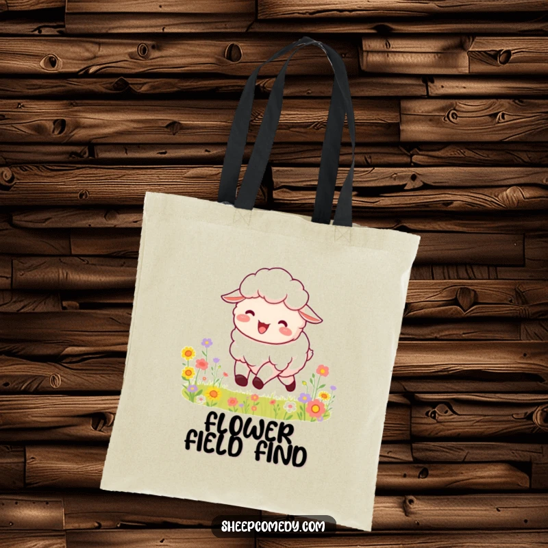 Funny tote bag with a fluffy sheep mid-bound, bleating joyfully, surrounded by an abundant field of colorful, blooming flowers.