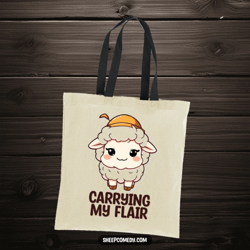 Funny tote bag showcasing a sheep character winking mischievously while wearing a tiny hat, perfect for carrying essentials with flair.