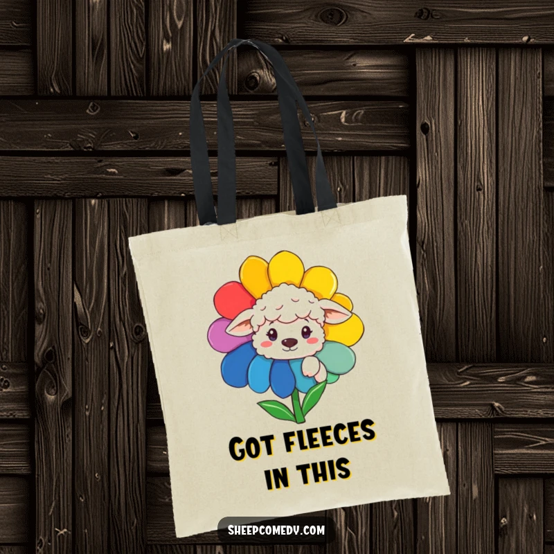 Funny Sheep Tote Bag: A sheep peeking from behind a vibrant rainbow flower, perfect for carrying daily essentials humorously.