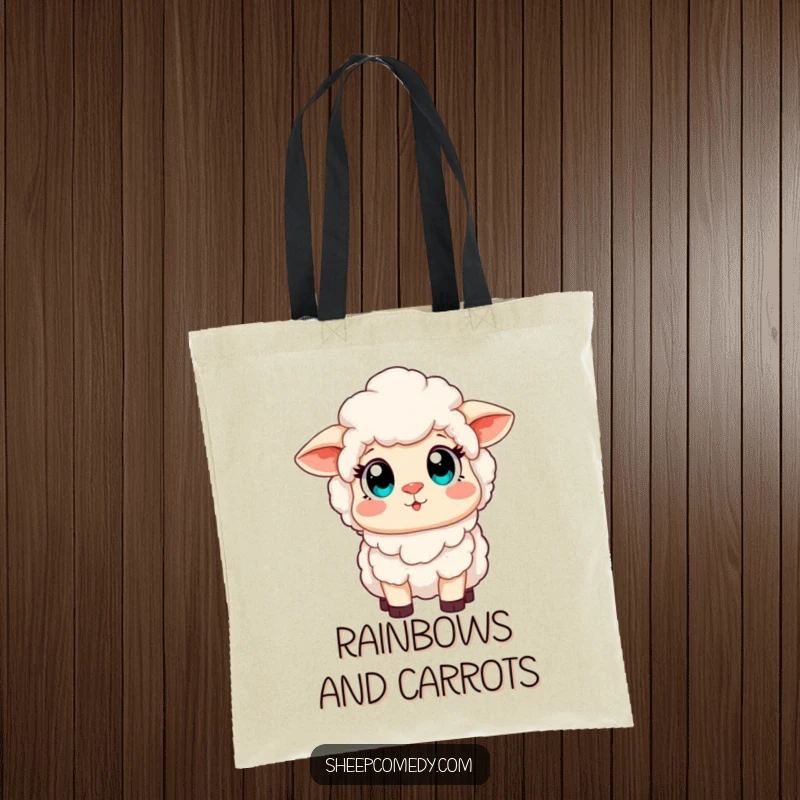 Funny tote bag featuring a sheep character with wide, amazed eyes gazing at a colorful rainbow, perfect for carrying essentials with a smile.