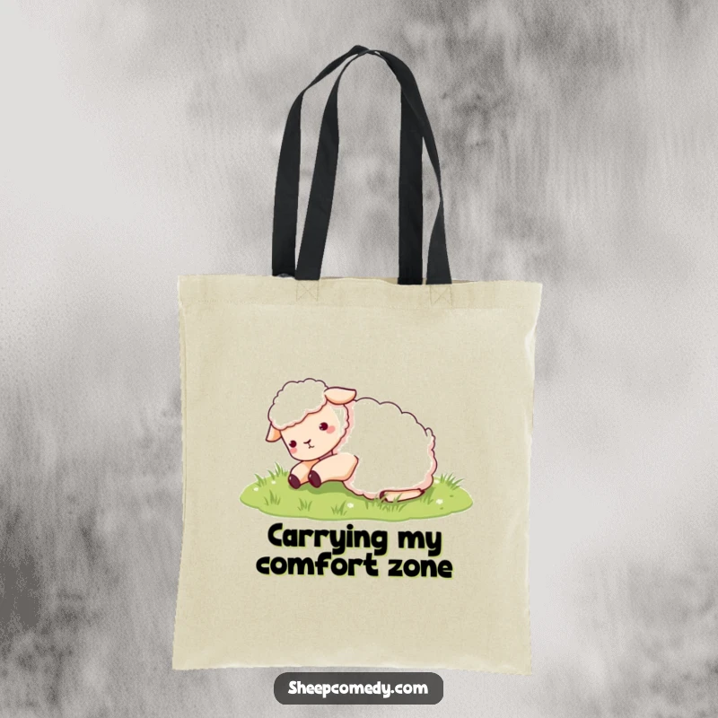 Funny Sheep Tote Bag: A happy sheep character joyfully rolling in a grassy field, perfect for carrying your humor and essentials.