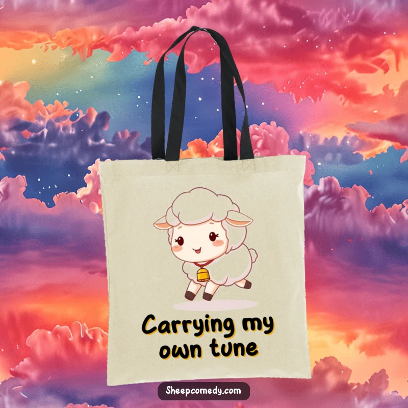 Funny Sheep Tote Bag: A happy sheep with a tiny bell joyfully skips along, making this a practical and funny accessory.