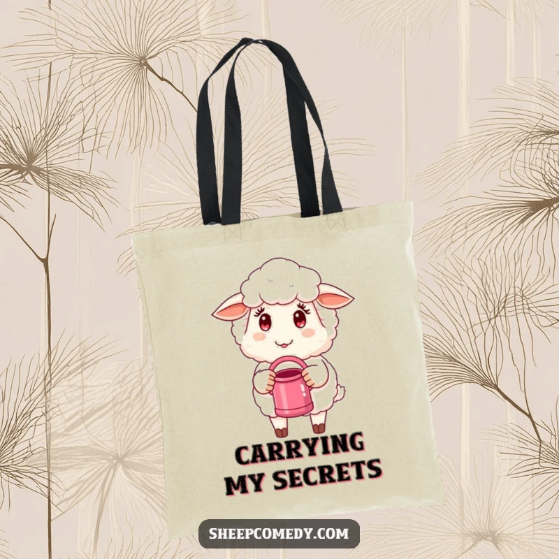 Funny Sheep Tote Bag: A mischievous sheep character holding a tiny watering can, perfect for carrying essentials with a wink.