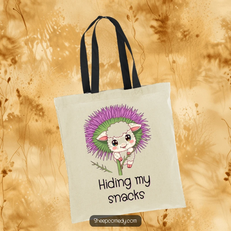 Funny sheep tote bag with a curious character peeking from behind a thistle, highlighting playful intrigue and wonder.