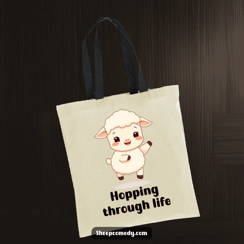 Funny sheep cub hop tote bag, showing a happy lamb in a bouncy hop, perfect for carrying everyday items with joy.