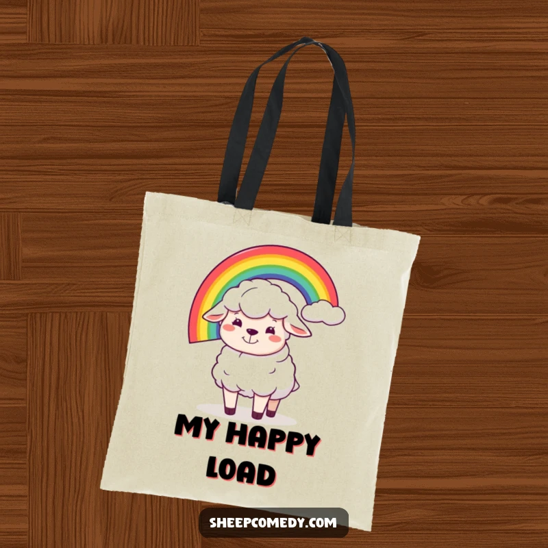 Funny tote bag with a sheep character's silly grin, humorously balancing a rainbow on its back, a whimsical and practical accessory.